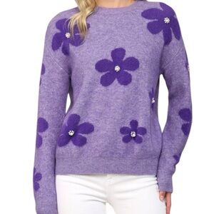 NEW FATE Lilac Fuzzy Flower Sweater Embellished With Pearls Medium $55